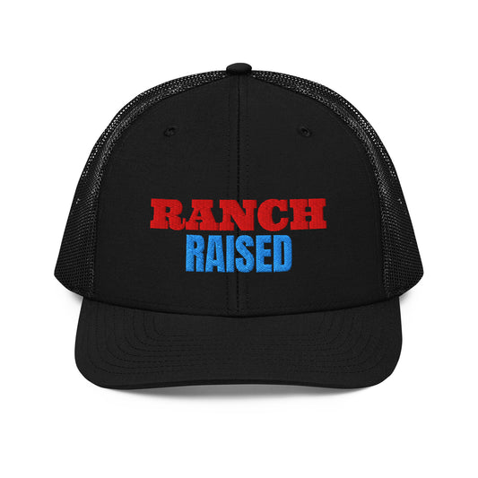 Ranch Raised Embroidered Trucker Hat in Black, front view