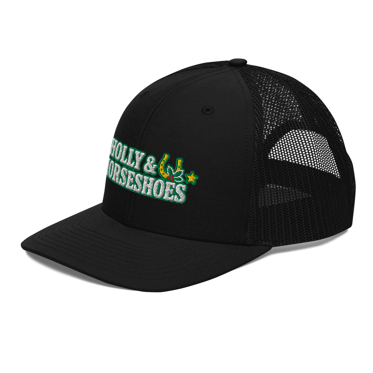 Holly & Horseshoes Embroidered Trucker Hat in Black, left front view