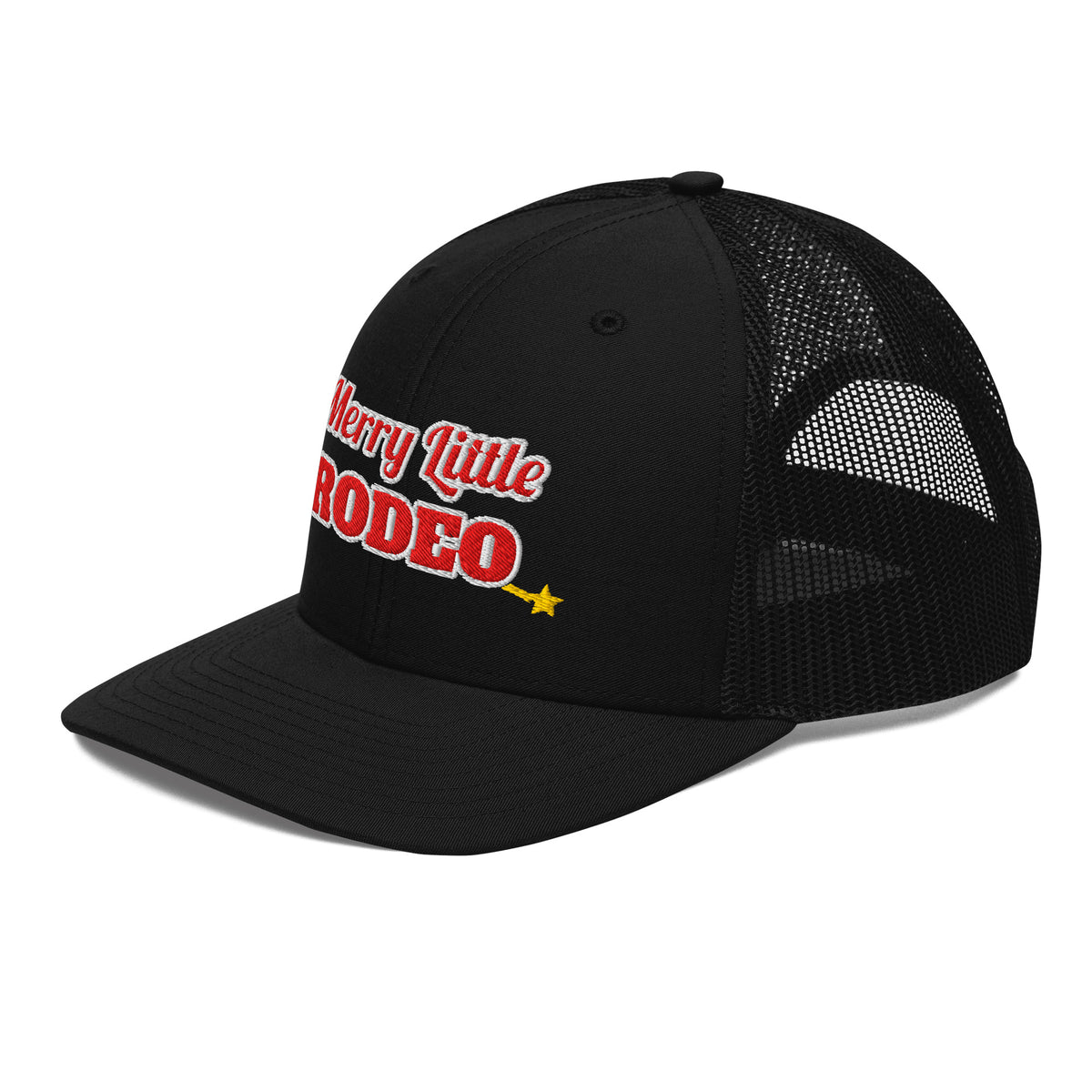 Merry Little Rodeo Embroidered Trucker Hat in Black, left front view