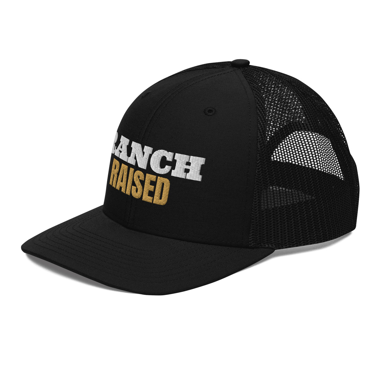 Ranch Raised Embroidered Trucker Hat in Black, left front view
