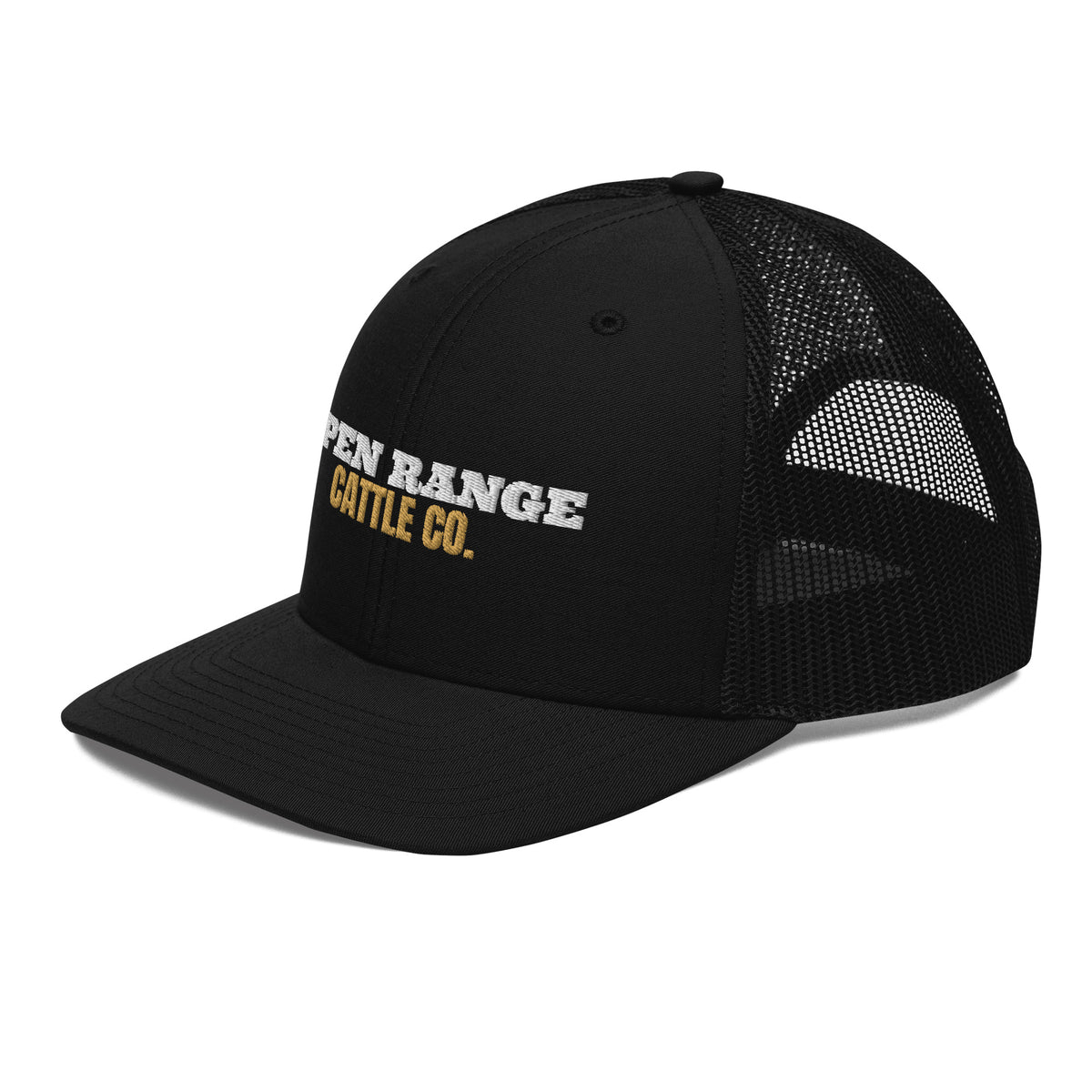 Open Range Cattle Co. Embroidered Trucker Hat in Black, left front view