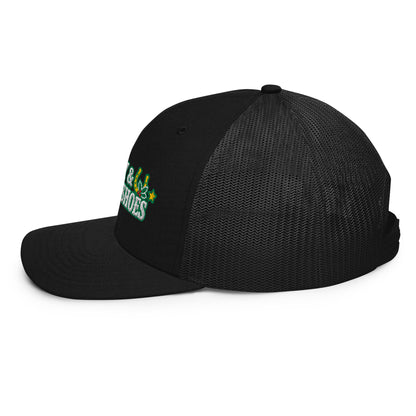 Holly & Horseshoes Embroidered Trucker Hat in Black, left side view