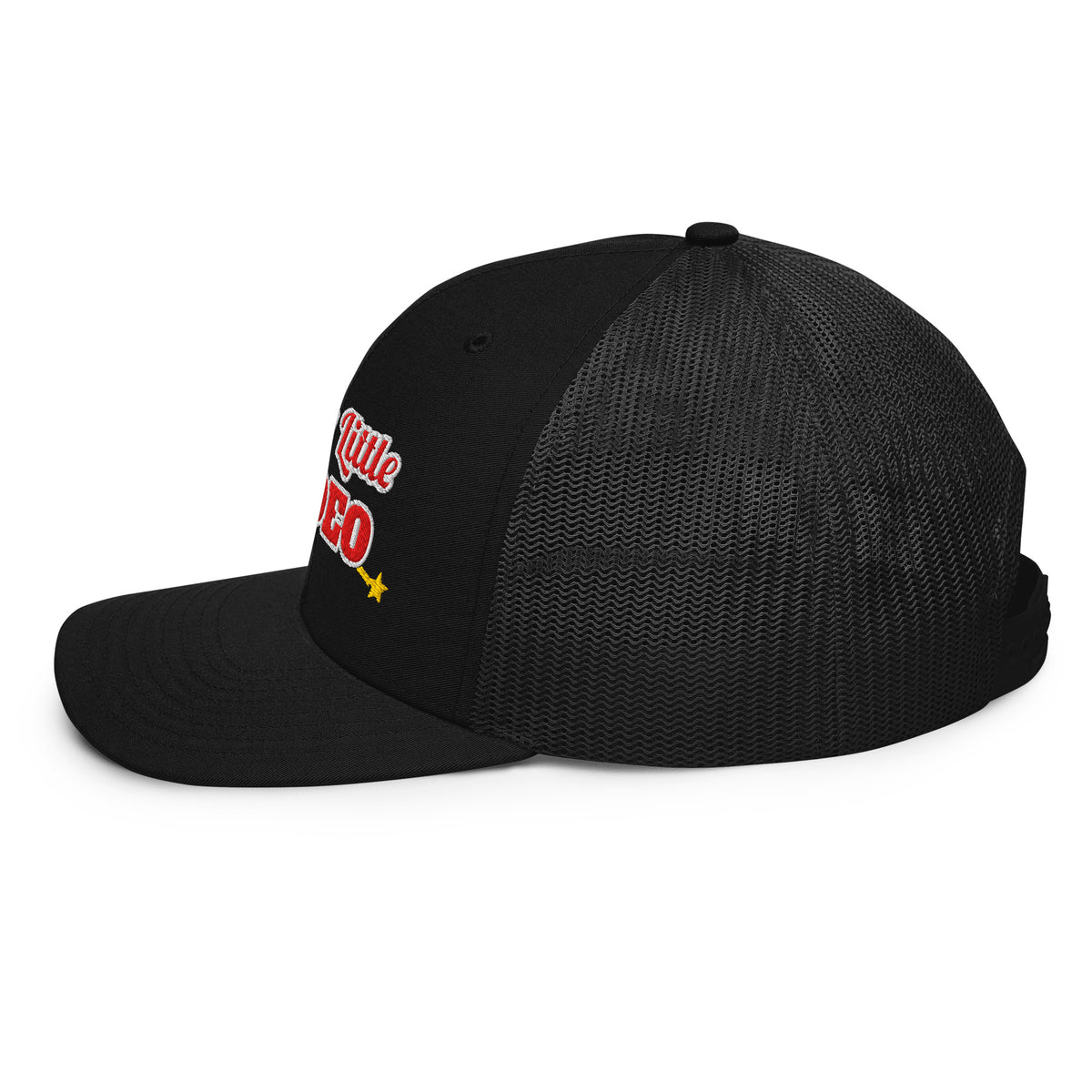 Merry Little Rodeo Embroidered Trucker Hat in Black, left side view
