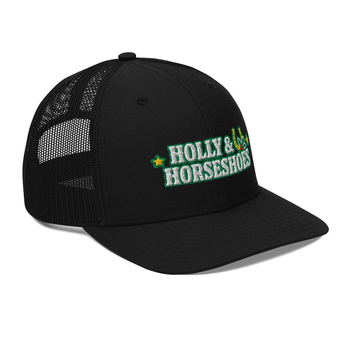 Holly & Horseshoes Embroidered Trucker Hat in Black, right front view
