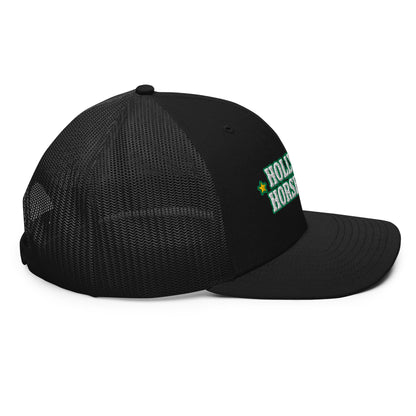 Holly & Horseshoes Embroidered Trucker Hat in Black, right side view