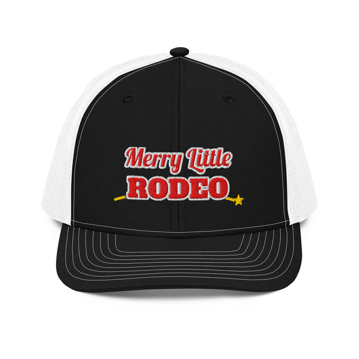 Merry Little Rodeo Embroidered Trucker Hat in Black / White, front view