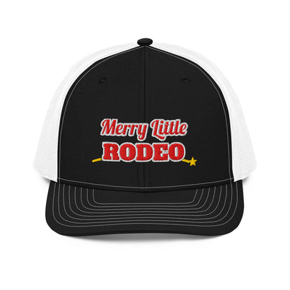 Merry Little Rodeo Embroidered Trucker Hat in Black / White, front view
