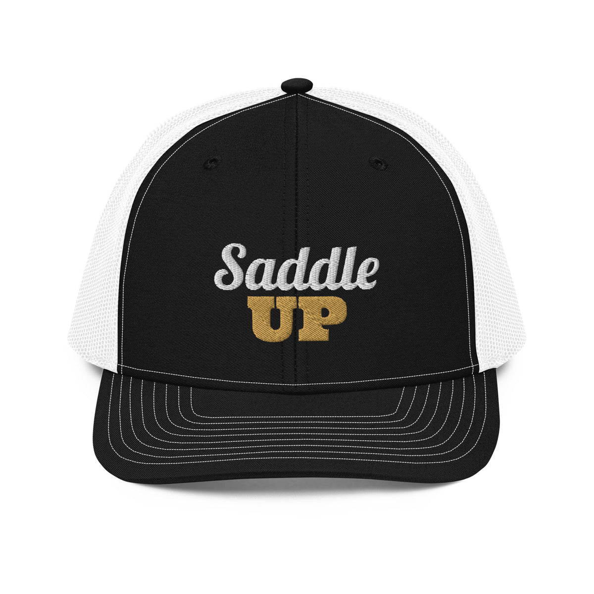 Saddle Up Embroidered Trucker Hat in Black / White, front view