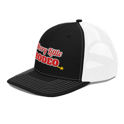 Merry Little Rodeo Embroidered Trucker Hat in Black / White, left front view