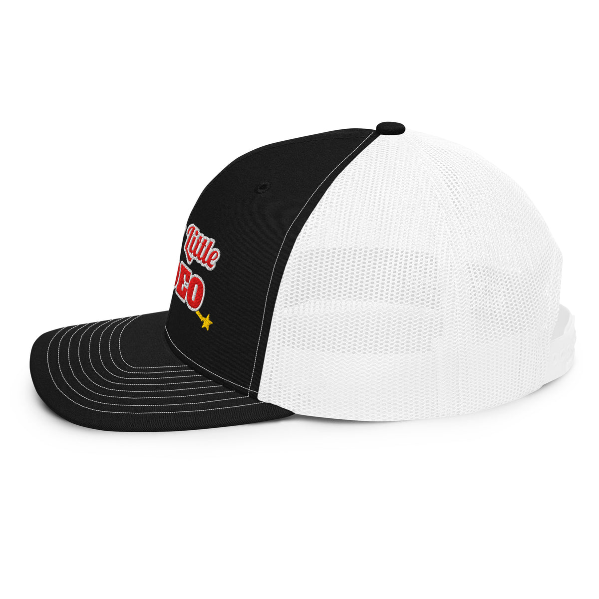 Merry Little Rodeo Embroidered Trucker Hat in Black / White, left side view