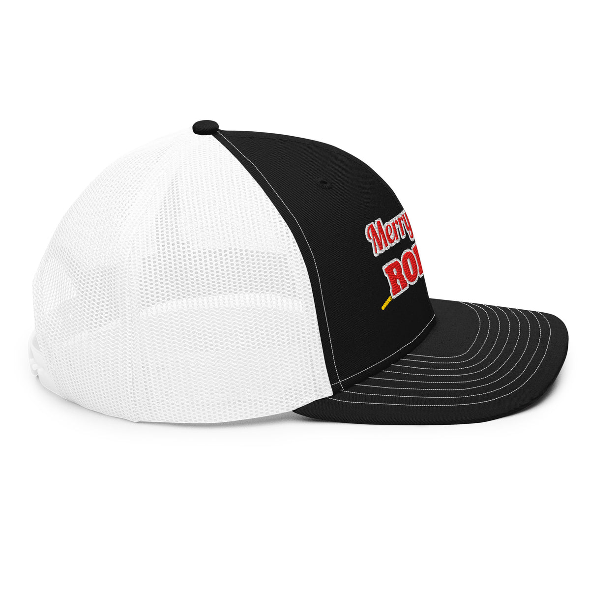 Merry Little Rodeo Embroidered Trucker Hat in Black / White, right side view