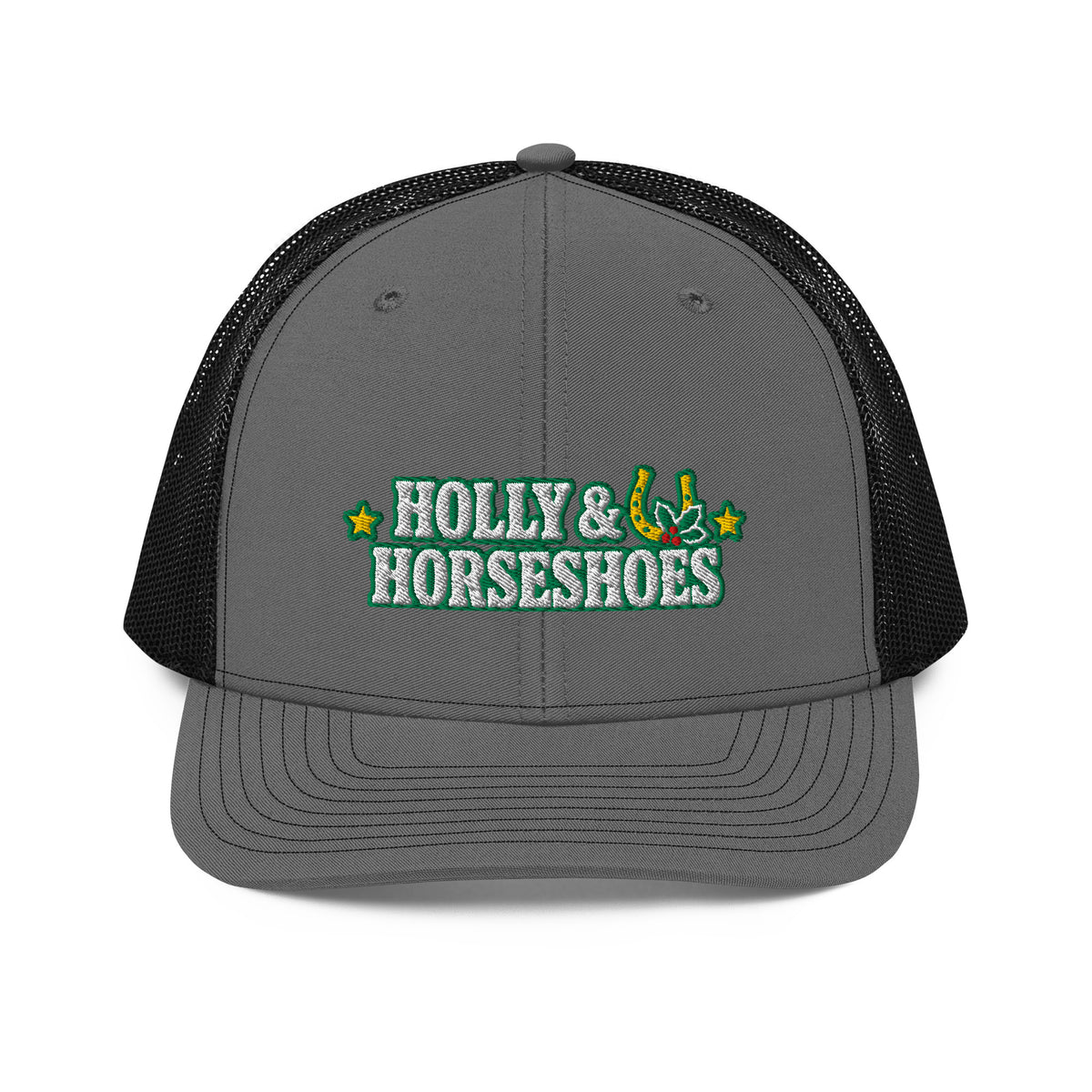 Holly & Horseshoes Embroidered Trucker Hat in Charcoal/Black, front view