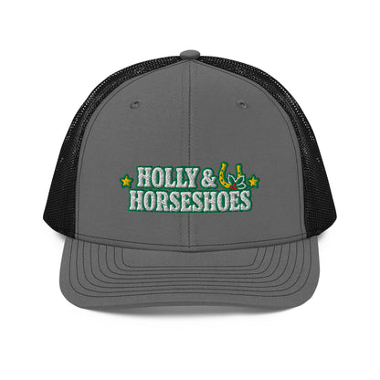 Holly & Horseshoes Embroidered Trucker Hat in Charcoal/Black, front view