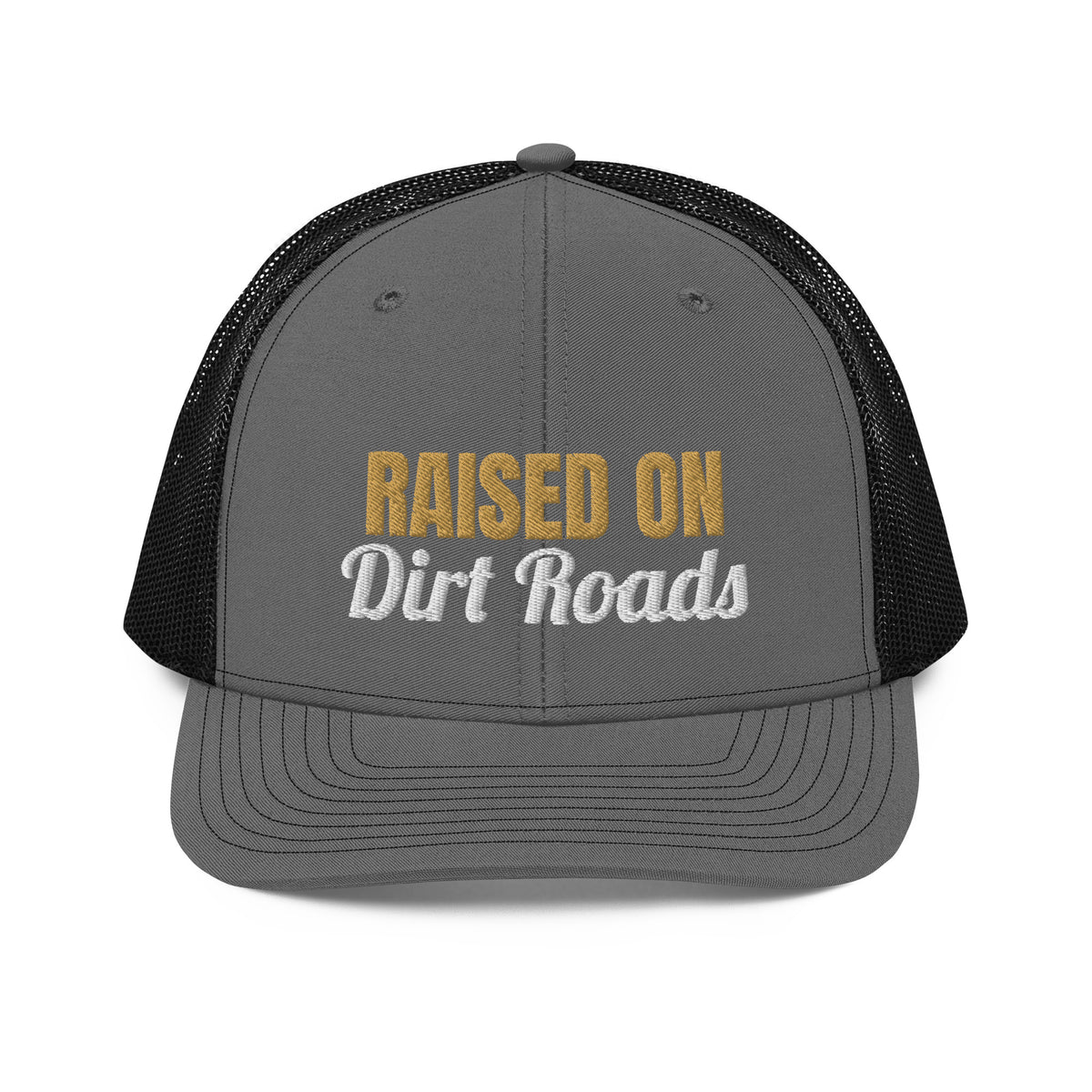 Raised On Dirt Roads Embroidered Trucker Hat in Charcoal/Black, front view