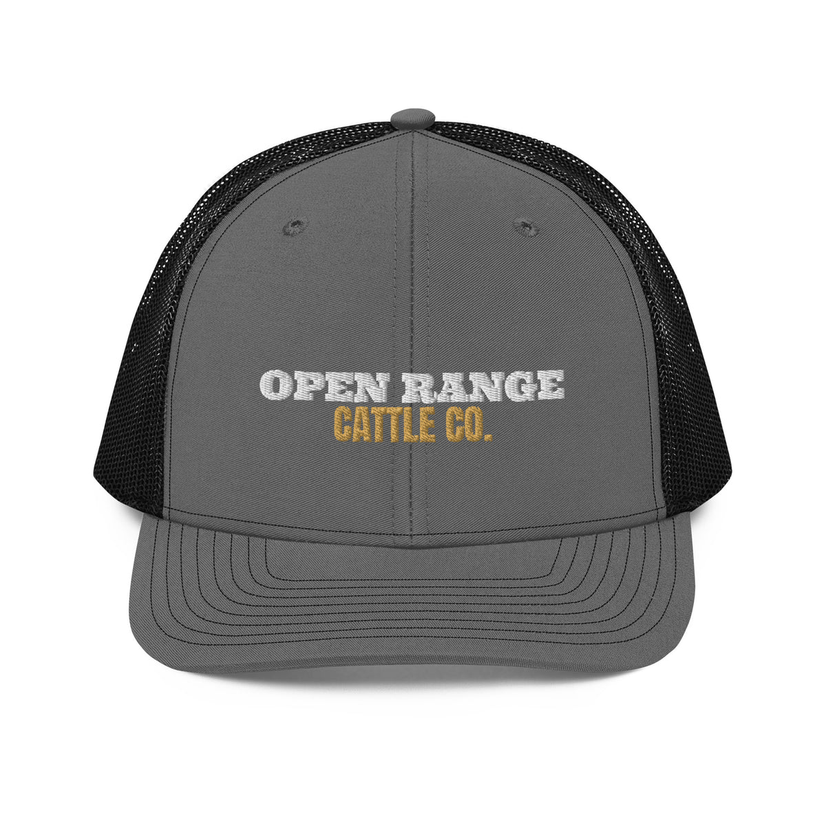 Open Range Cattle Co. Embroidered Trucker Hat in Charcoal/Black, front view
