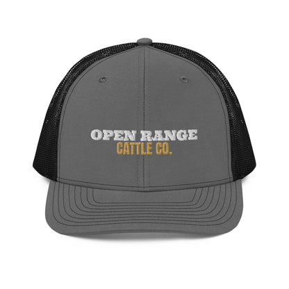 Open Range Cattle Co. Embroidered Trucker Hat in Charcoal/Black, front view