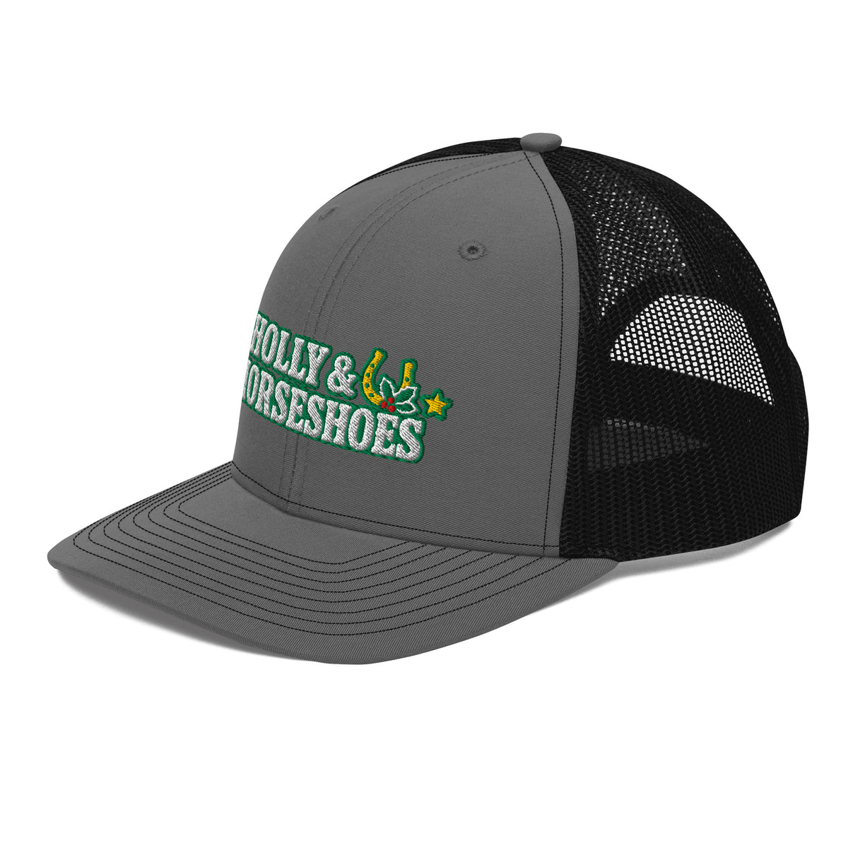 Holly & Horseshoes Embroidered Trucker Hat in Charcoal/Black, left front view