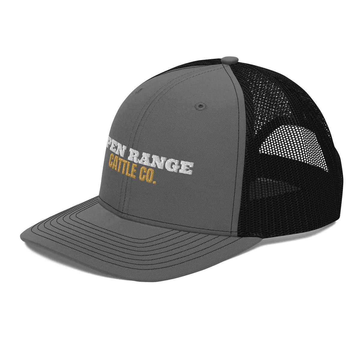 Open Range Cattle Co. Embroidered Trucker Hat in Charcoal/Black, left front view
