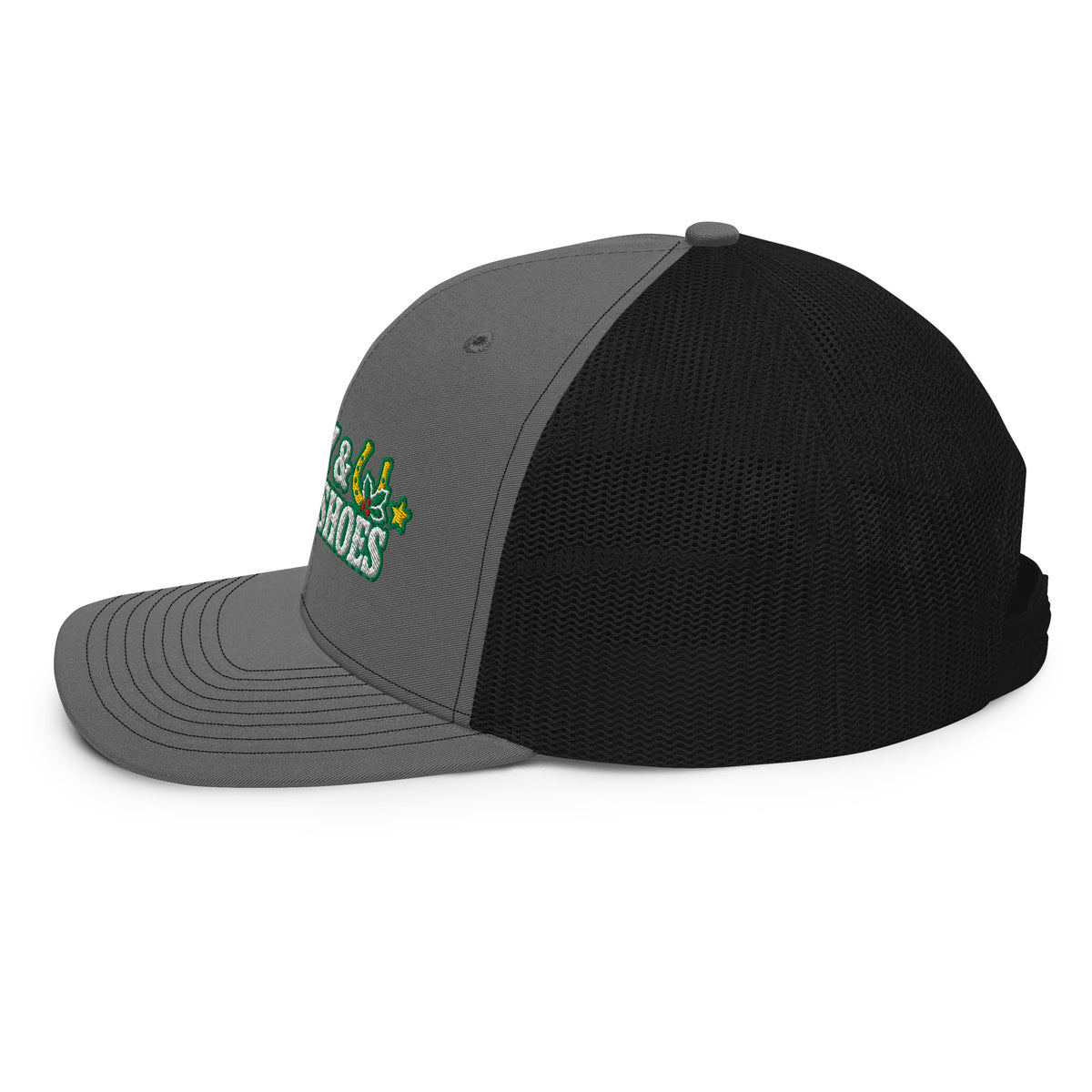 Holly & Horseshoes Embroidered Trucker Hat in Charcoal/Black, left side view