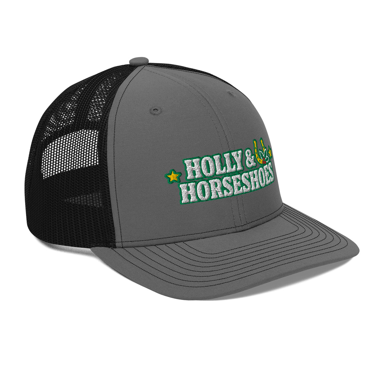 Holly & Horseshoes Embroidered Trucker Hat in Charcoal/Black, right front view