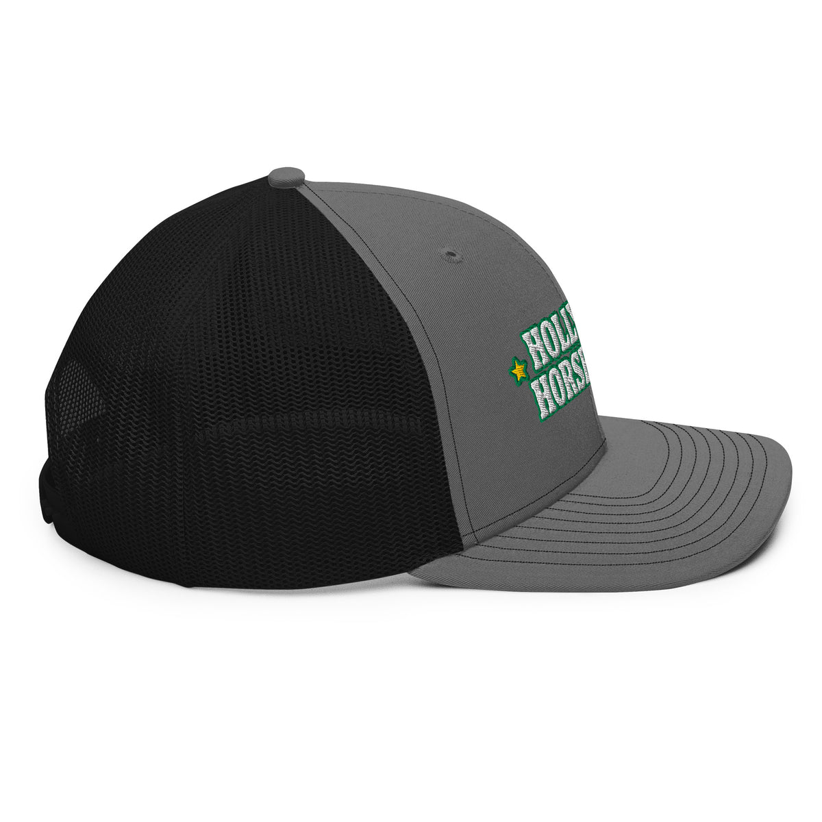 Holly & Horseshoes Embroidered Trucker Hat in Charcoal/Black, right side view