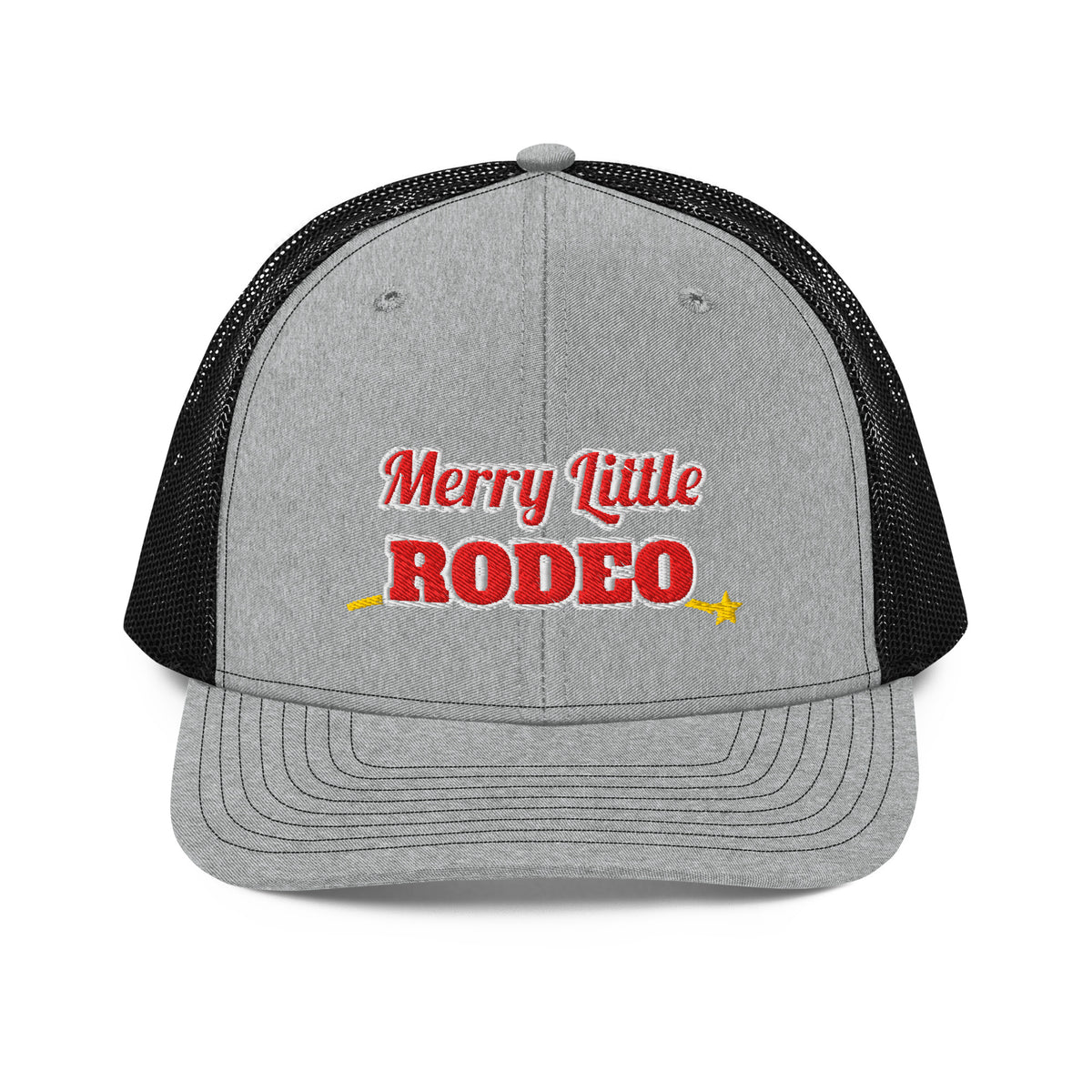 Merry Little Rodeo Embroidered Trucker Hat in Heather Grey / Black, front view