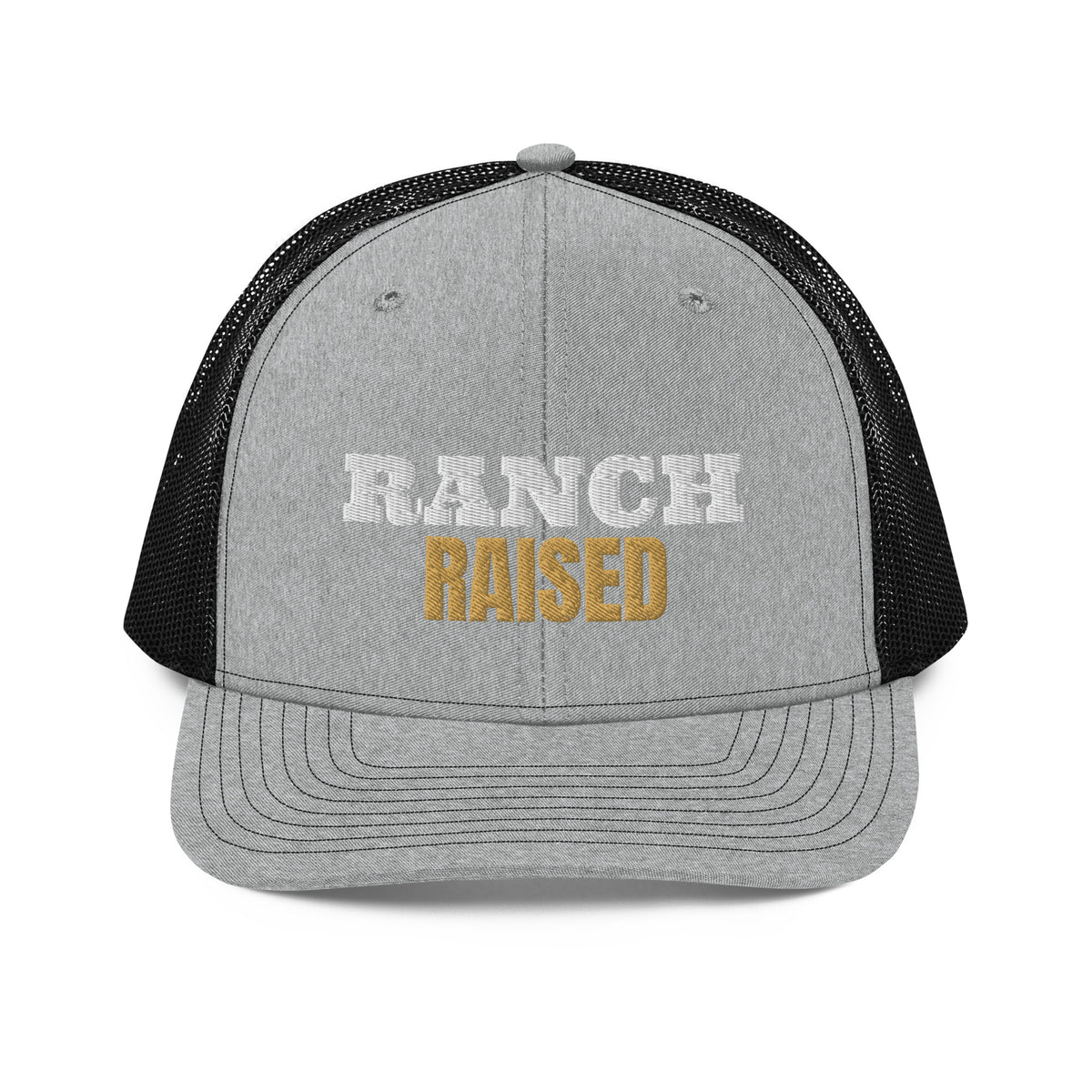 Ranch Raised Embroidered Trucker Hat in Heather Grey / Black, front view