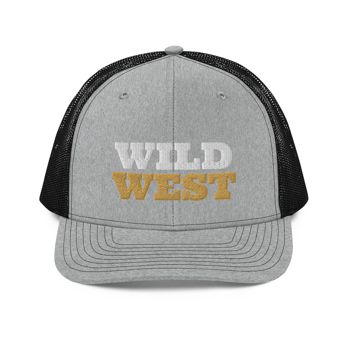Wild West Embroidered Trucker Hat in Heather Grey / Black, front view