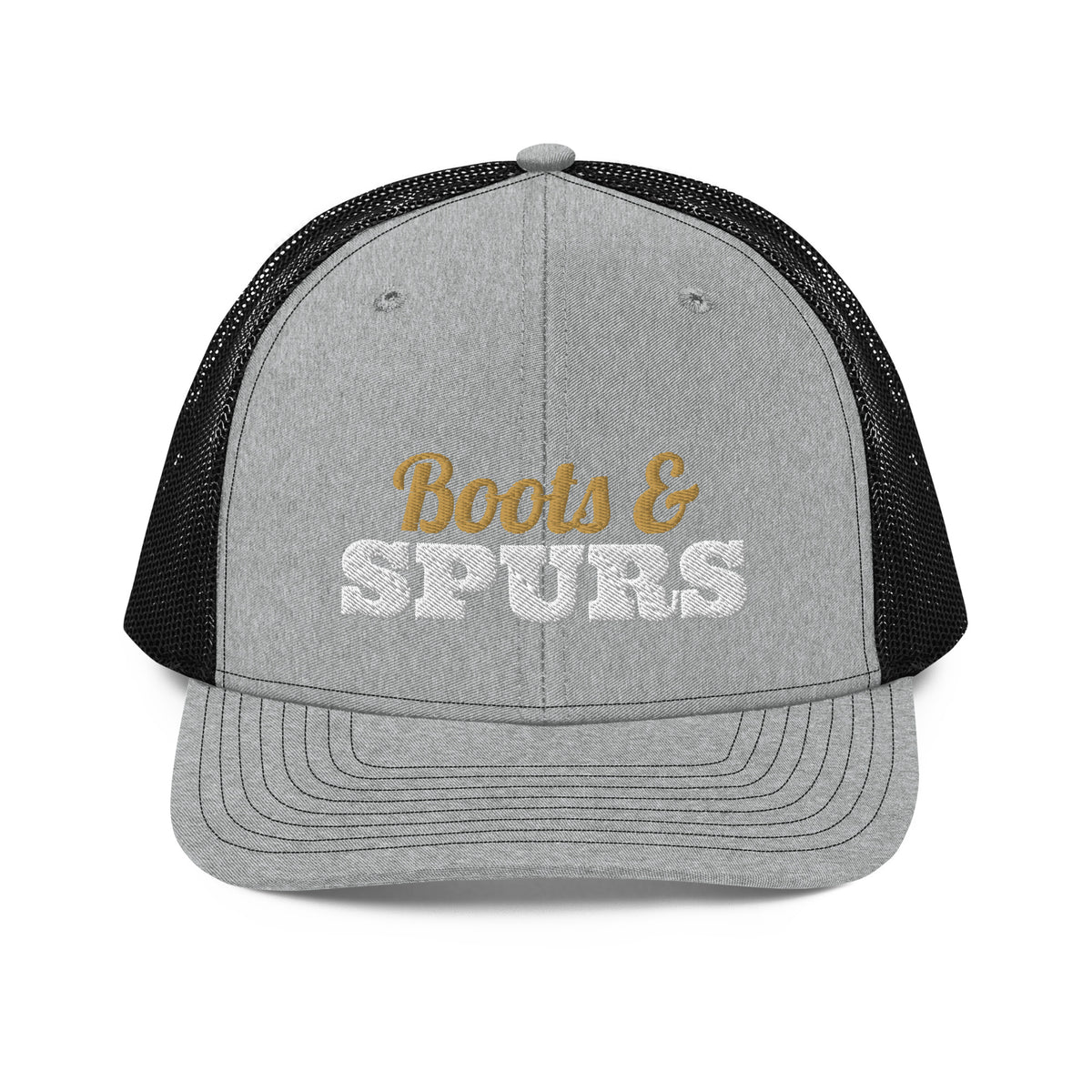 Boots & Spurs Embroidered Trucker Hat in Heather Grey / Black, front view