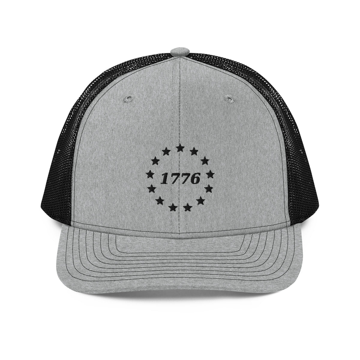 1776 Stars Embroidered Trucker Hat in Heather Grey/Black, front view