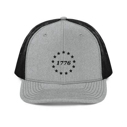 1776 Stars Embroidered Trucker Hat in Heather Grey/Black, front view