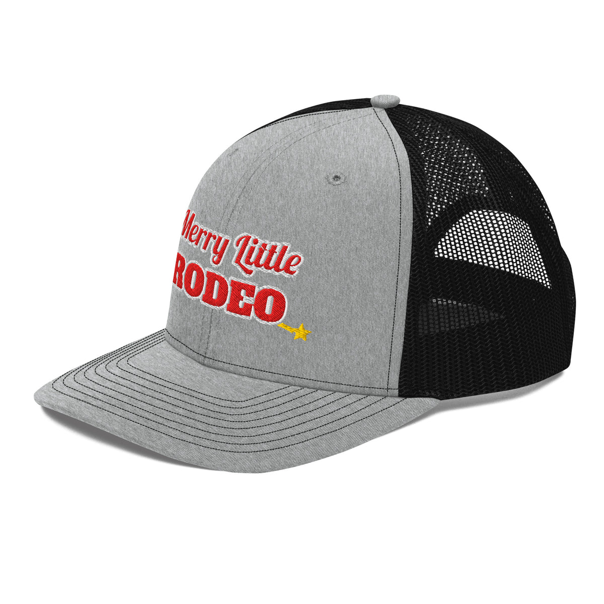Merry Little Rodeo Embroidered Trucker Hat in Heather Grey / Black, left front view