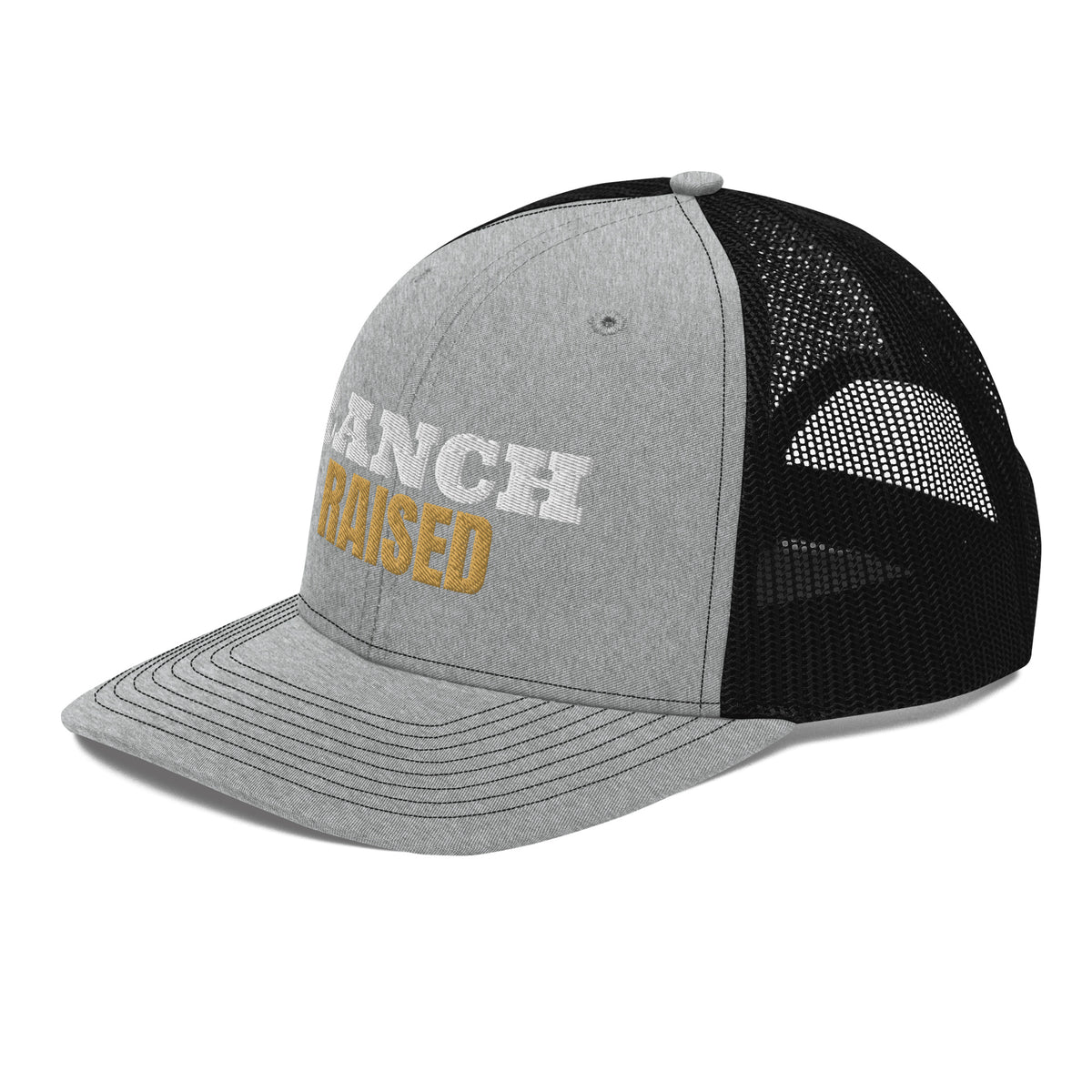 Ranch Raised Embroidered Trucker Hat in Heather Grey / Black, left front view