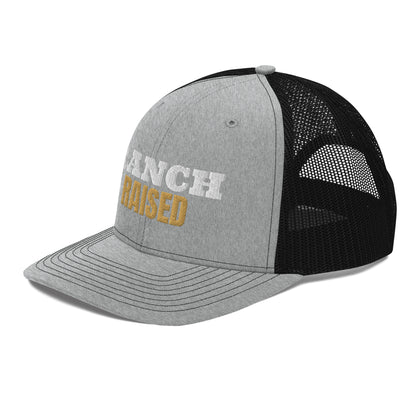 Ranch Raised Embroidered Trucker Hat in Heather Grey / Black, left front view