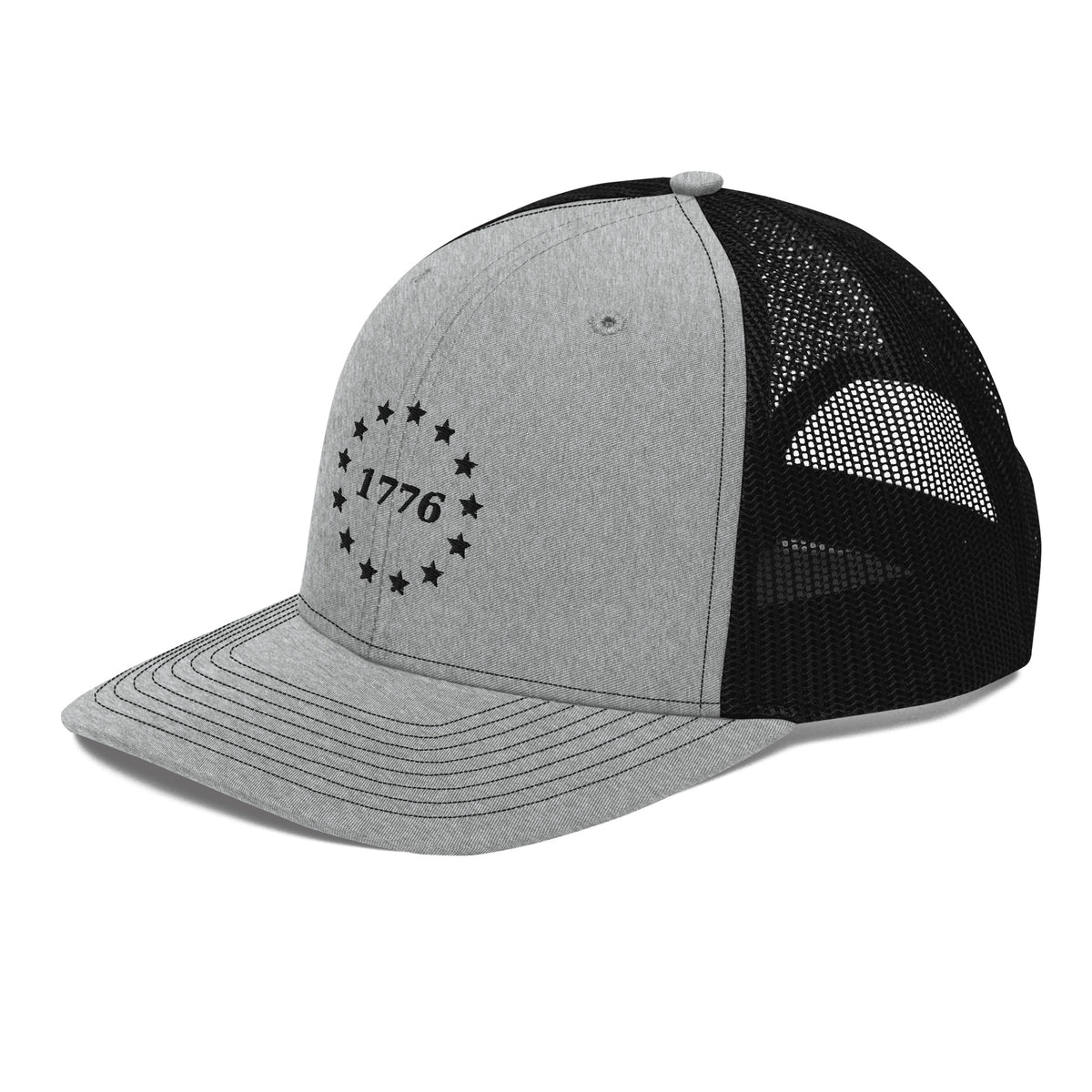 1776 Stars Embroidered Trucker Hat in Heather Grey/Black, left front view