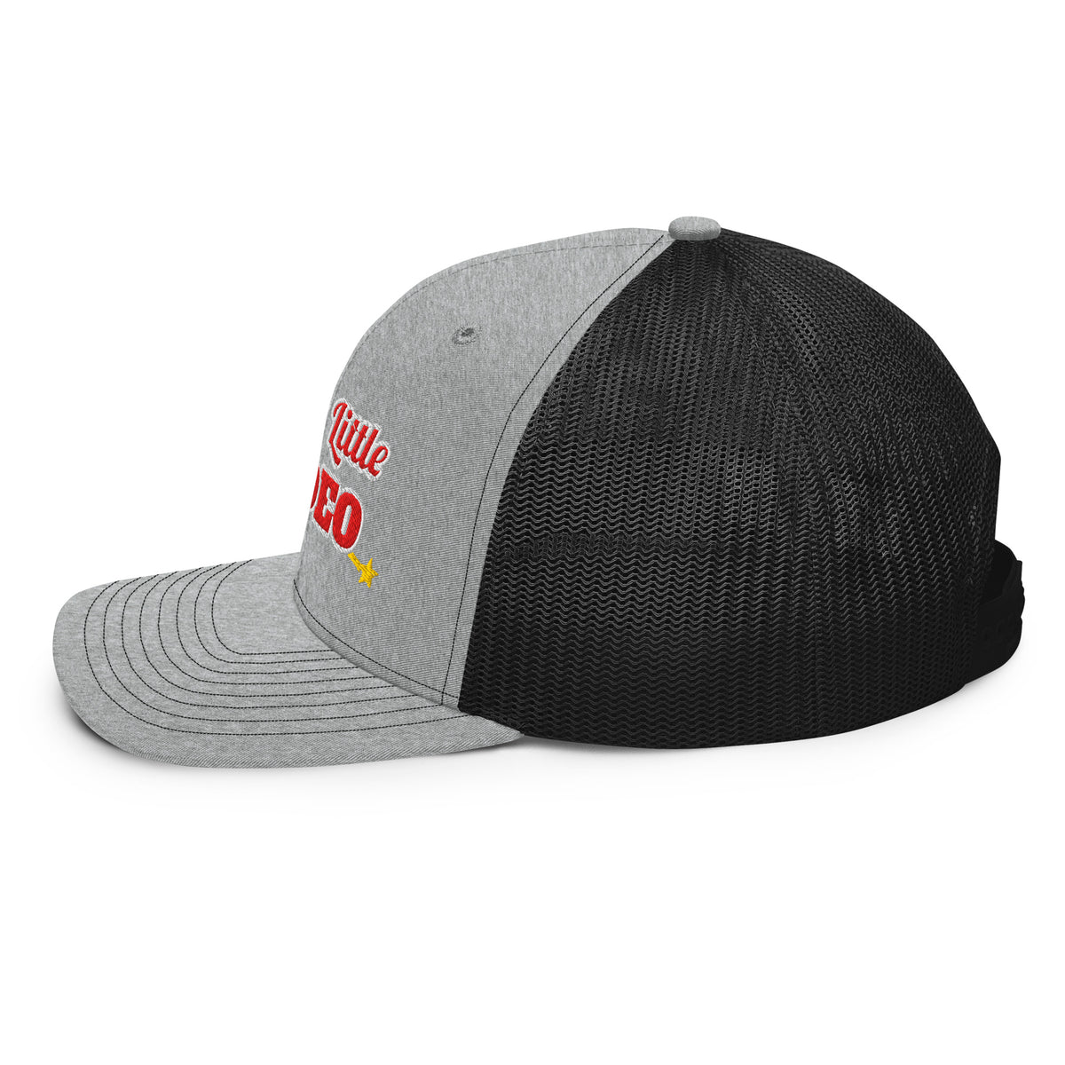 Merry Little Rodeo Embroidered Trucker Hat in Heather Grey / Black, left side view