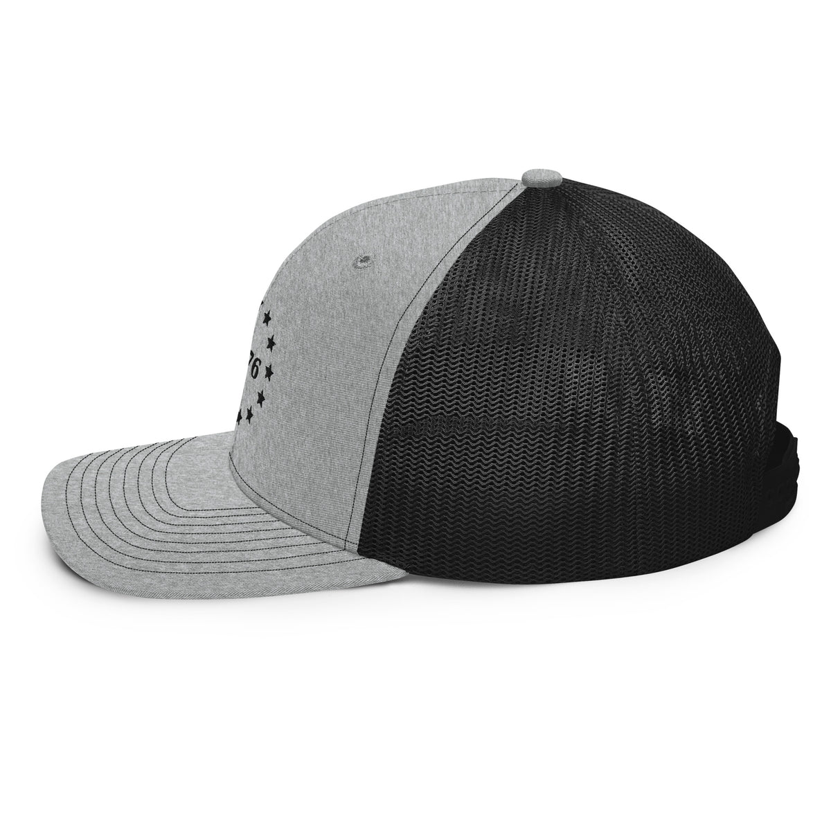1776 Stars Embroidered Trucker Hat in Heather Grey/Black, left side view
