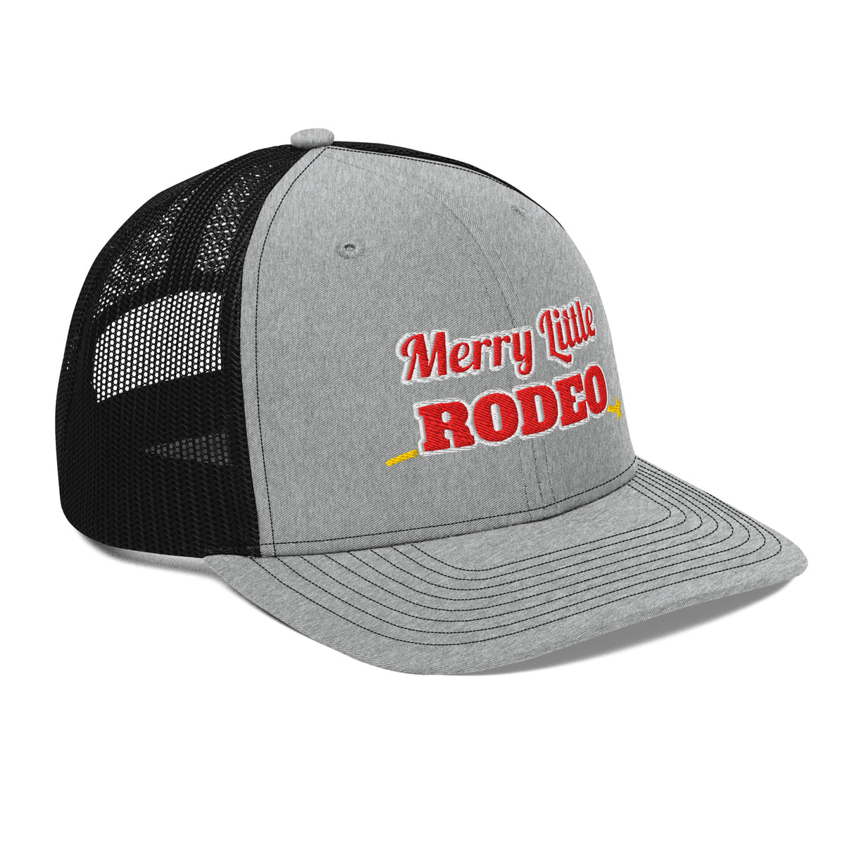 Merry Little Rodeo Embroidered Trucker Hat in Heather Grey / Black, right front view