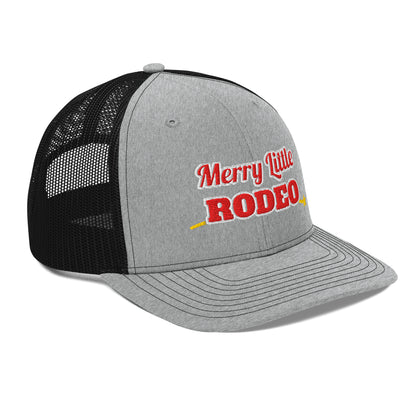 Merry Little Rodeo Embroidered Trucker Hat in Heather Grey / Black, right front view