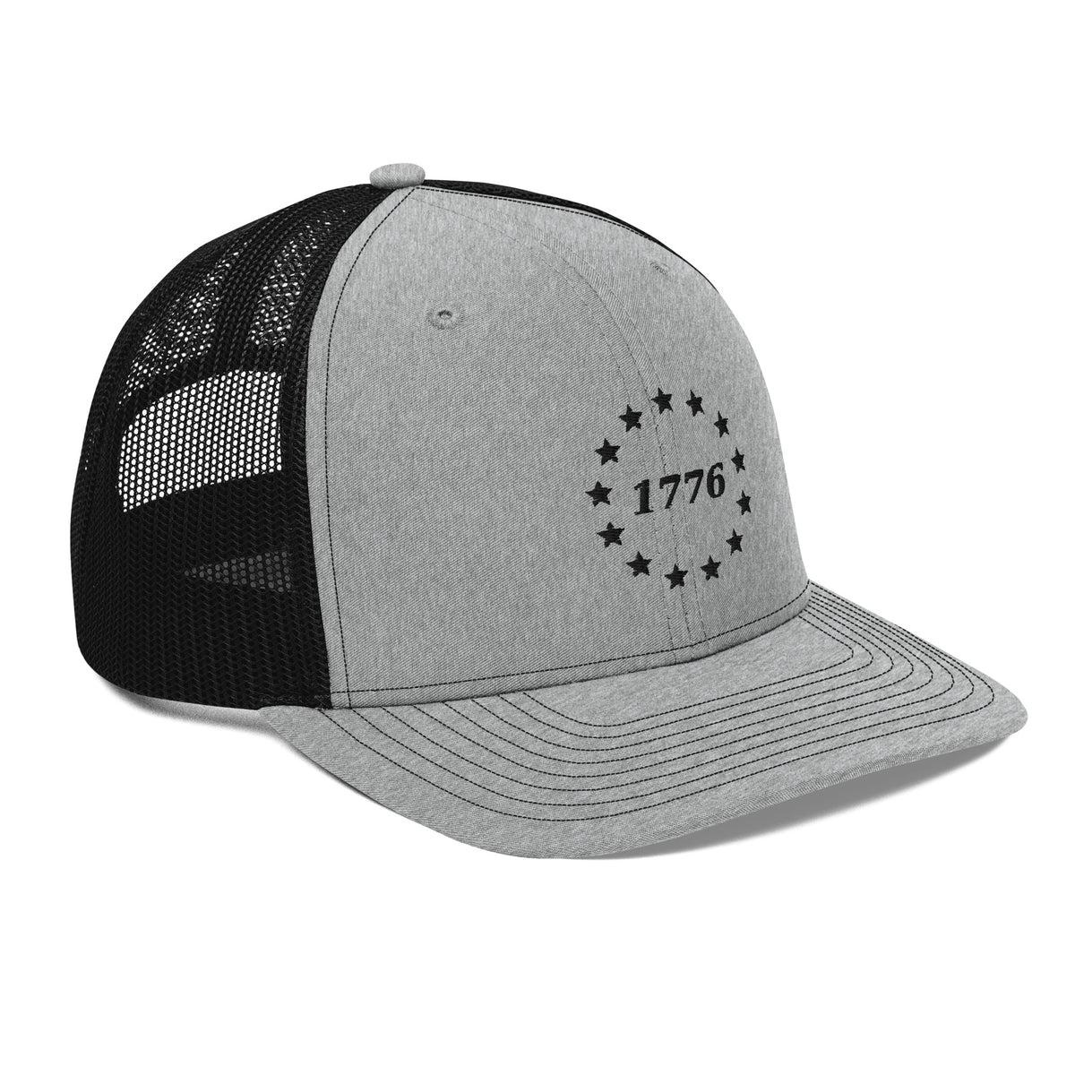 1776 Stars Embroidered Trucker Hat in Heather Grey/Black, right front view