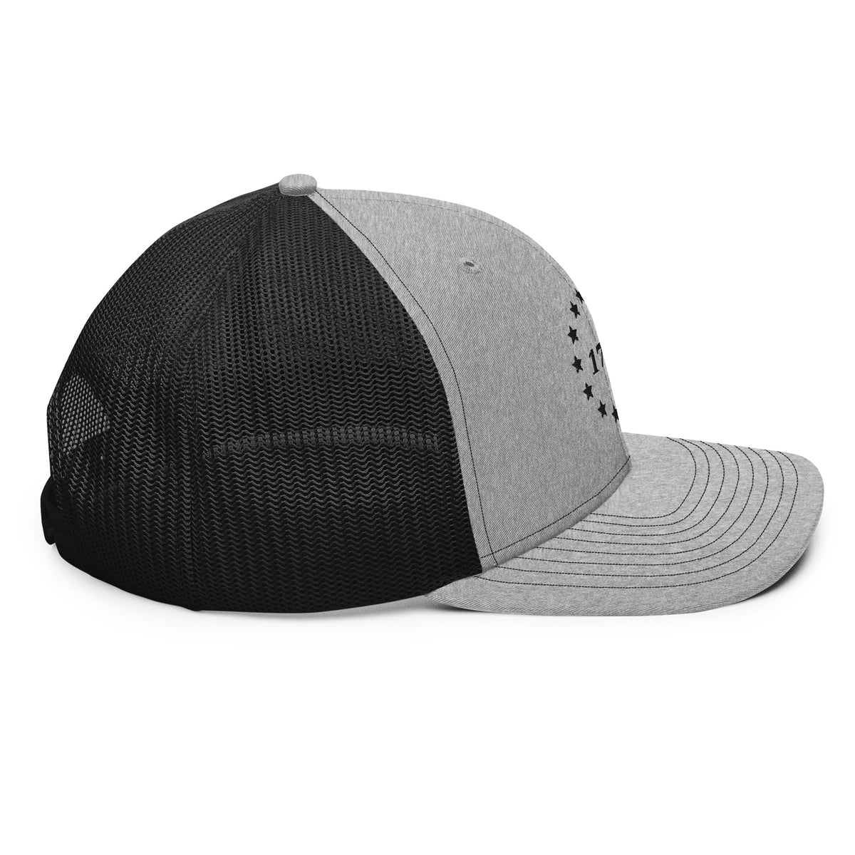 1776 Stars Embroidered Trucker Hat in Heather Grey/Black, right side view