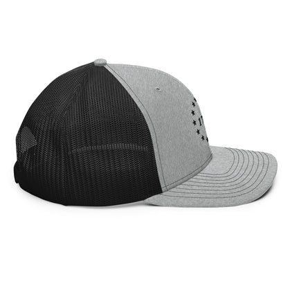 1776 Stars Embroidered Trucker Hat in Heather Grey/Black, right side view