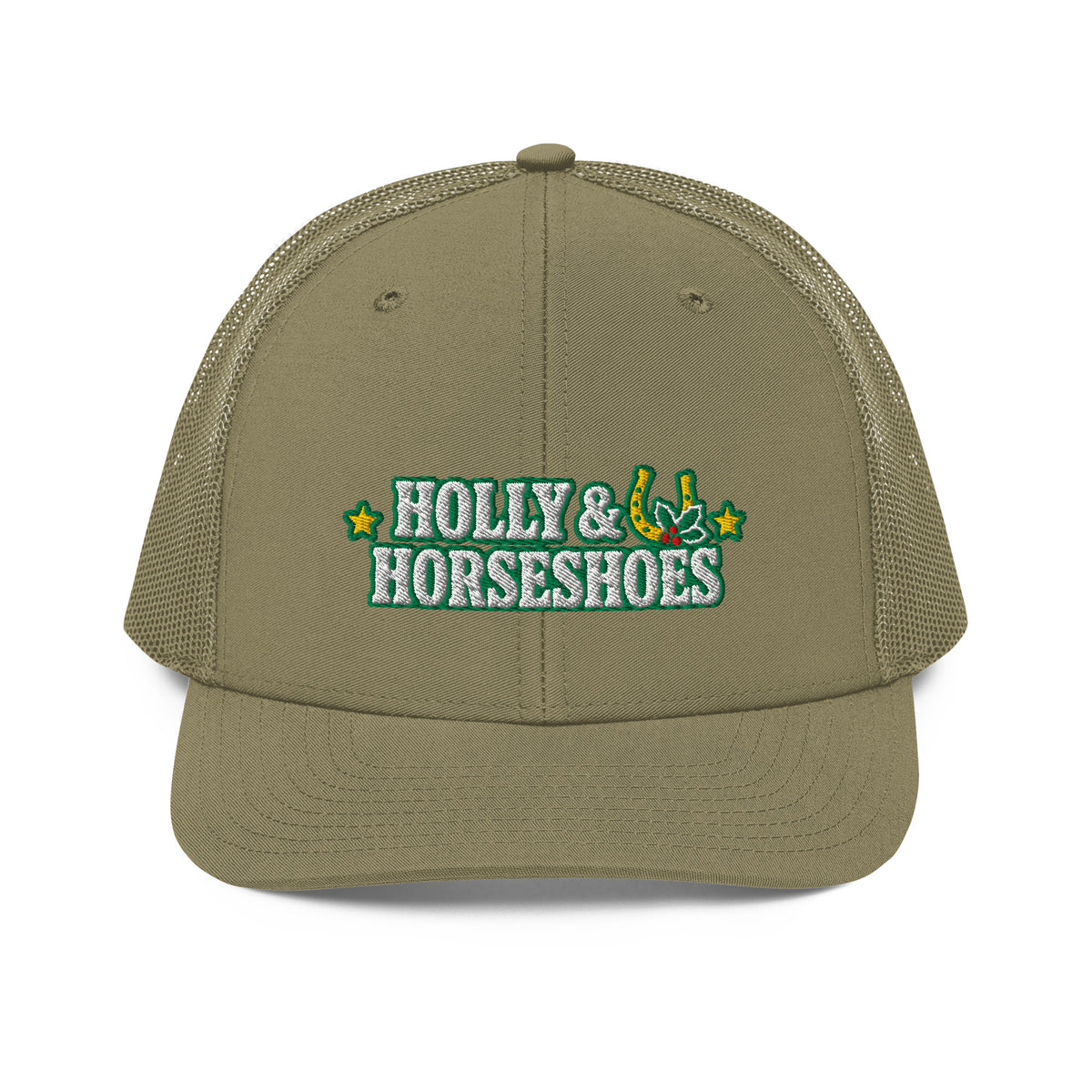 Holly & Horseshoes Embroidered Trucker Hat in Loden, front view