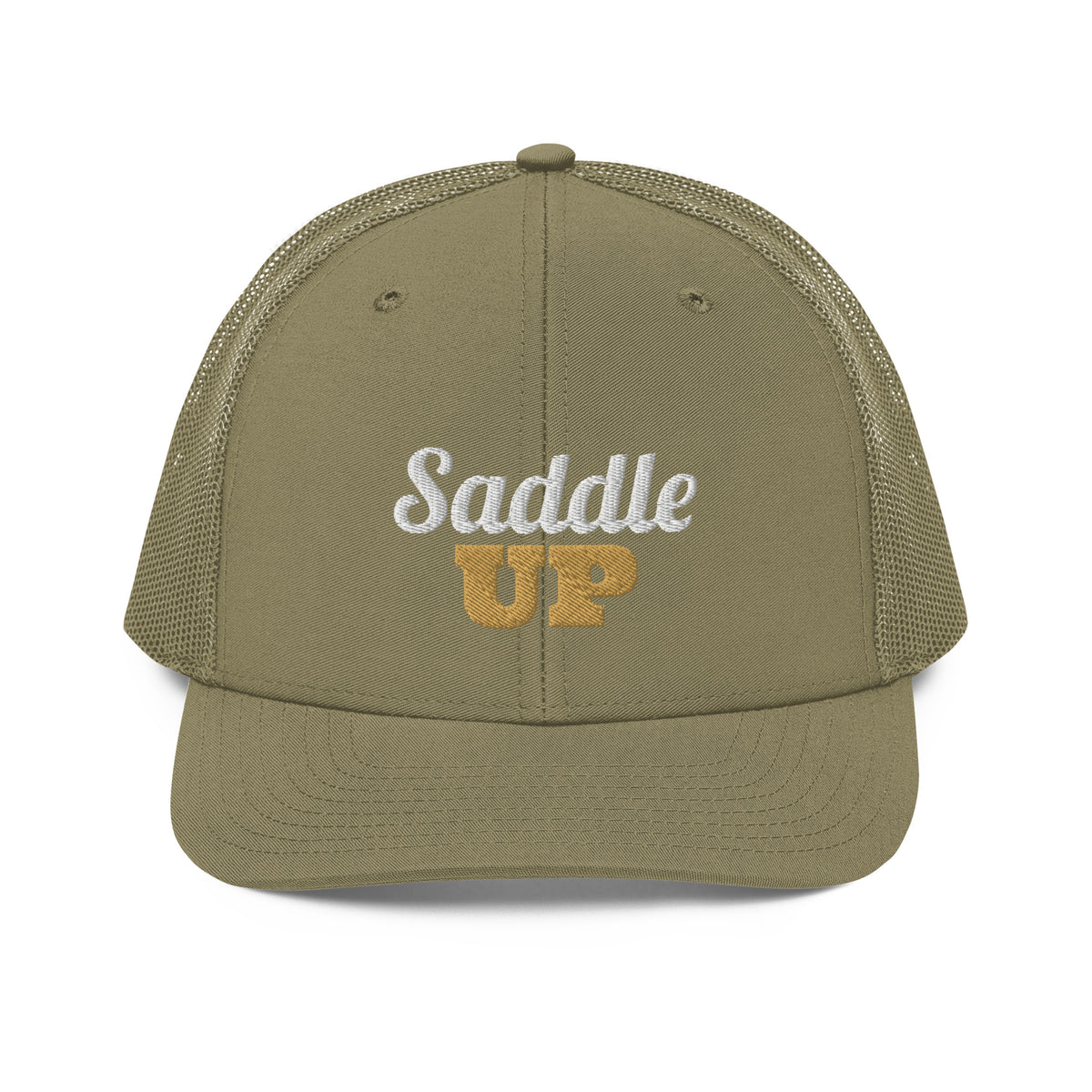 Saddle Up Embroidered Trucker Hat in Loden, front view