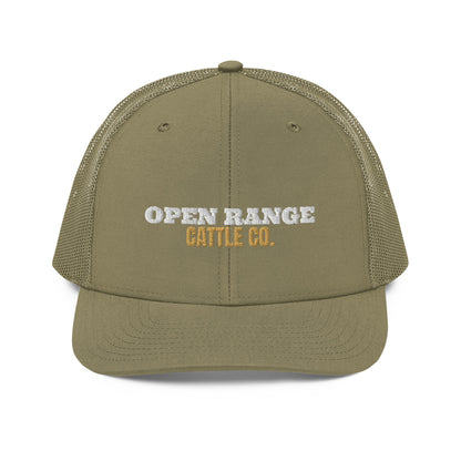 Open Range Cattle Co. Embroidered Trucker Hat in Loden, front view
