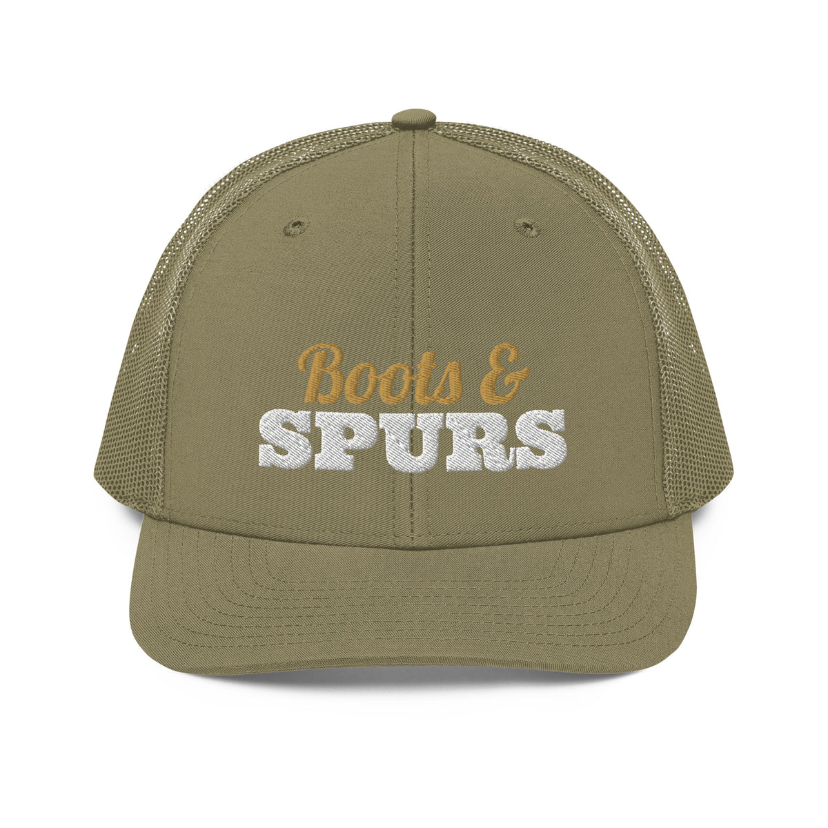 Boots & Spurs Embroidered Trucker Hat in Loden, front view