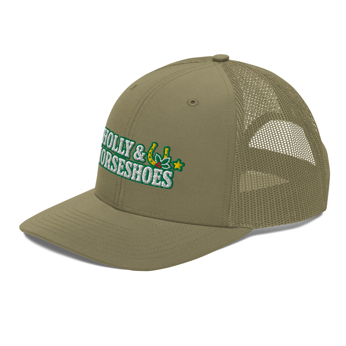 Holly & Horseshoes Embroidered Trucker Hat in Loden, left front view