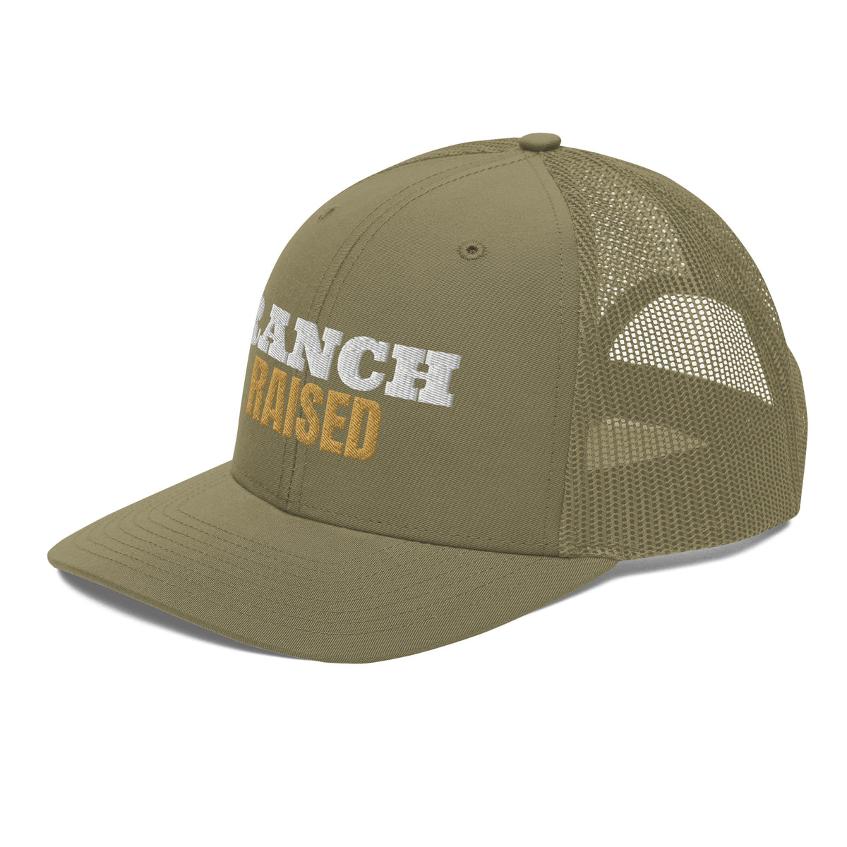 Ranch Raised Embroidered Trucker Hat in Loden, left front view