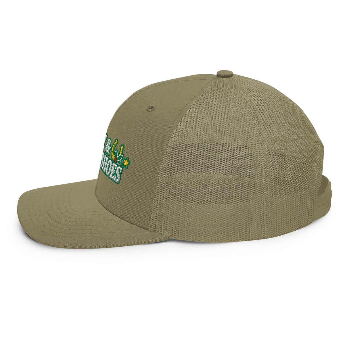 Holly & Horseshoes Embroidered Trucker Hat in Loden, left side view