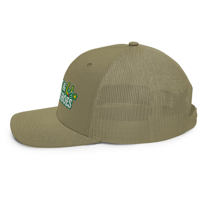 Holly & Horseshoes Embroidered Trucker Hat in Loden, left side view